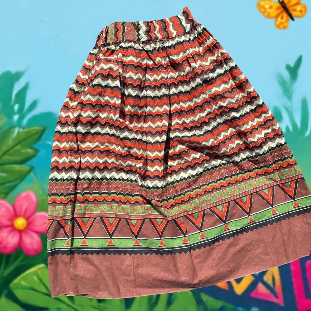 Vintage 70’s Safari Print Pleated Midi Skirt, XS Womens or Big Kid